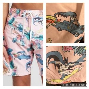 Batman Robin Pink Hawaiian Bathing Suit Shorts Swim Trunks Size L